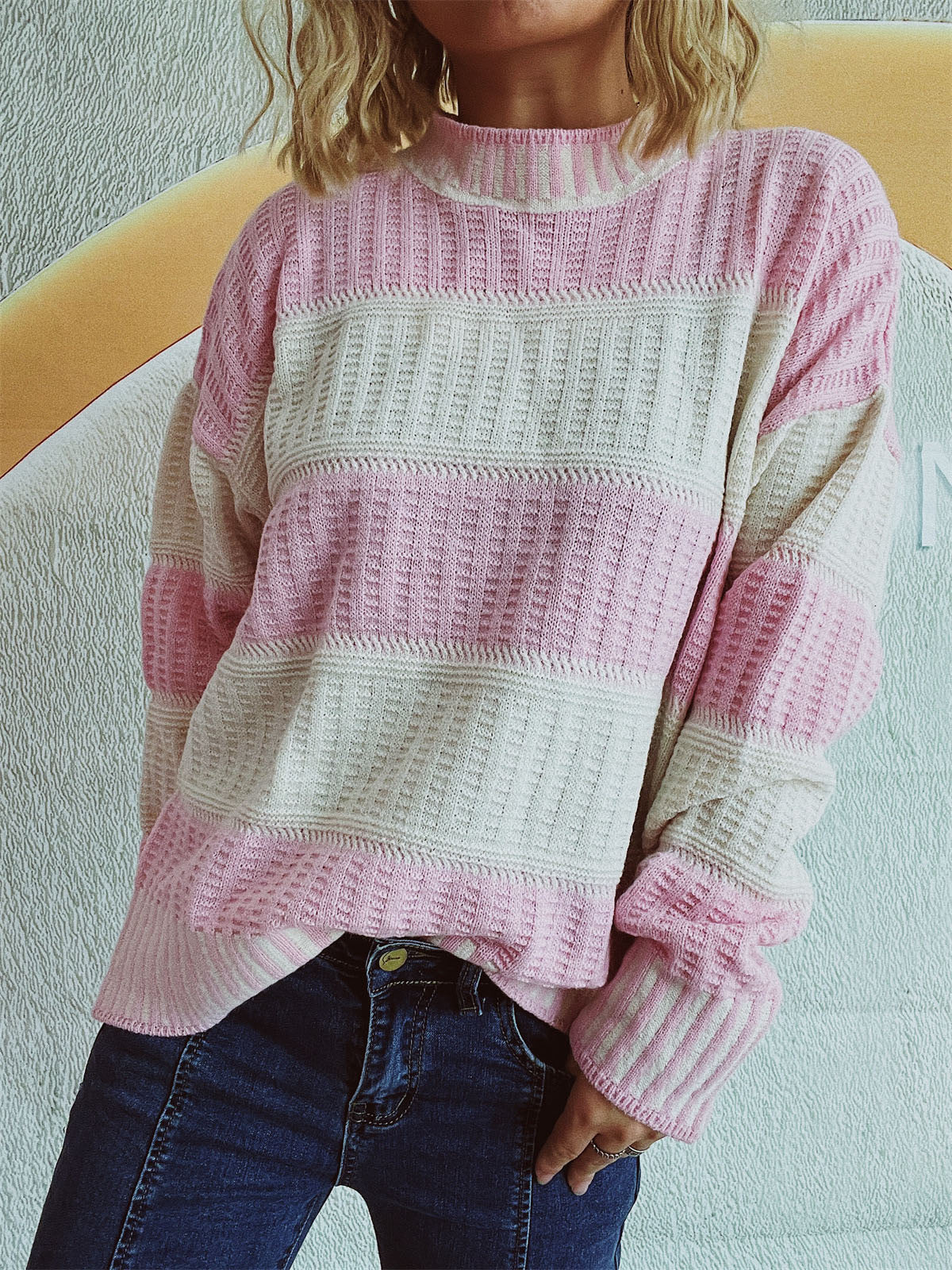 Textured stripe mock neck knit sweater in caramel, acrylic.