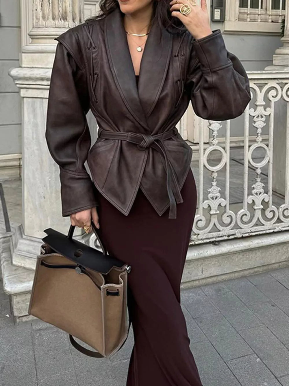 Belted Leather Jacket With Shawl Collar in Dark Brown, front view