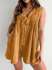 Caramel denim tie-front playsuit with V-neck and pleats.