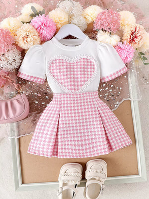 Children's Heart Short Sleeve Top And Skirt Set in Pink, side view