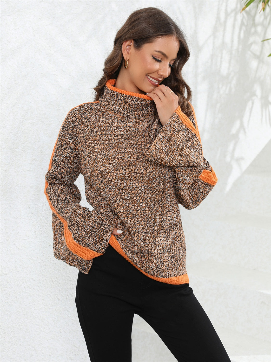 Colorblock raglan sleeve turtleneck sweater in brown and orange knit with orange trim