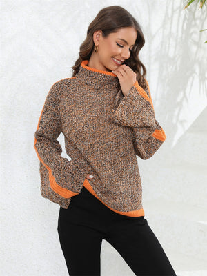 Colorblock raglan sleeve turtleneck sweater in brown and orange knit with orange trim
