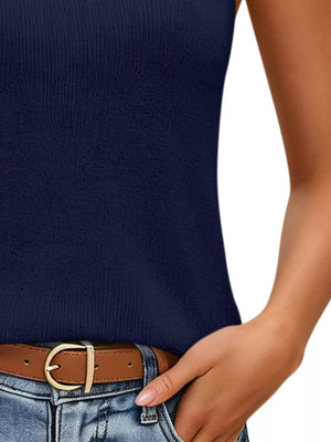 V-neck Ribbed Knit Tank Top in Navy, view 12