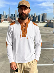 Men's white long-sleeve t-shirt with brown lace-up neckline and elbow patches.