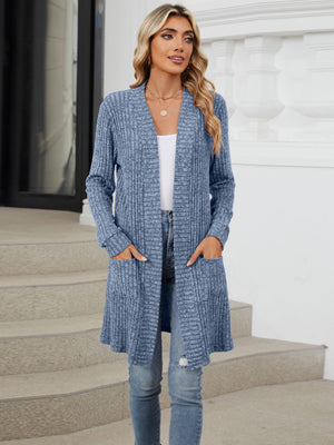 Dusty Blue textured ribbed knit duster cardigan with long sleeves and pockets.