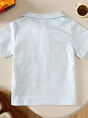 Baby blue and white striped cotton polo shirt with short sleeves.