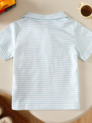 Baby blue and white striped cotton polo shirt with short sleeves.