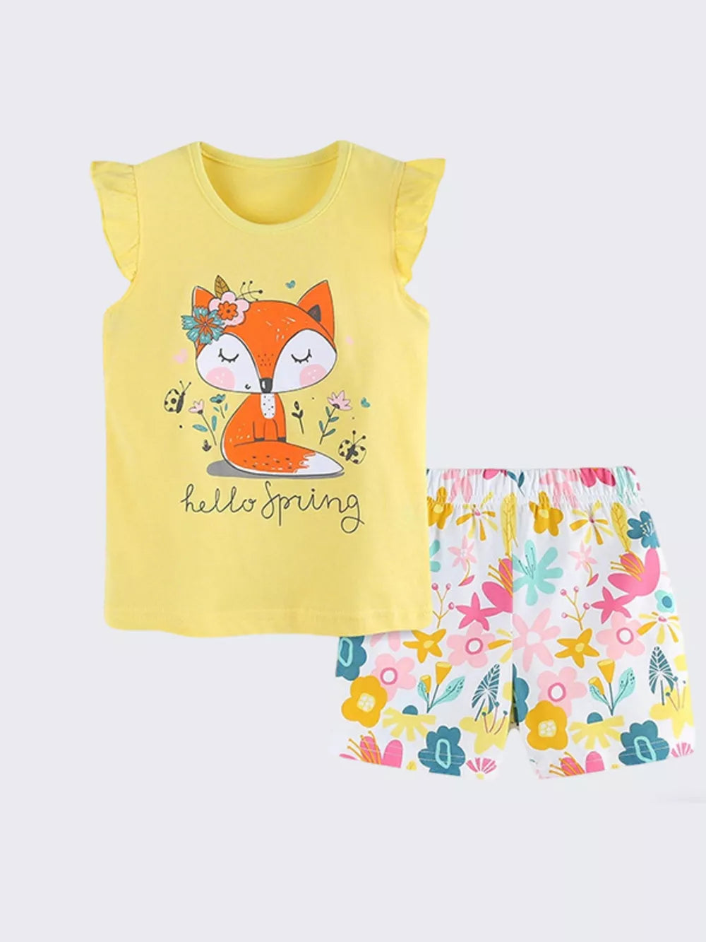 Toddler yellow cotton set with fox graphic tee and floral shorts