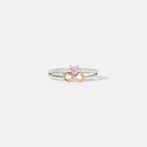Silver infinity heart ring set with pink stone and pave band