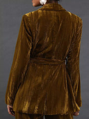 Belted velvet blazer in army green with a tie waist, shown from the back.