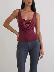 Burgundy sequin ruched cowl neck tank top with a draped neckline.