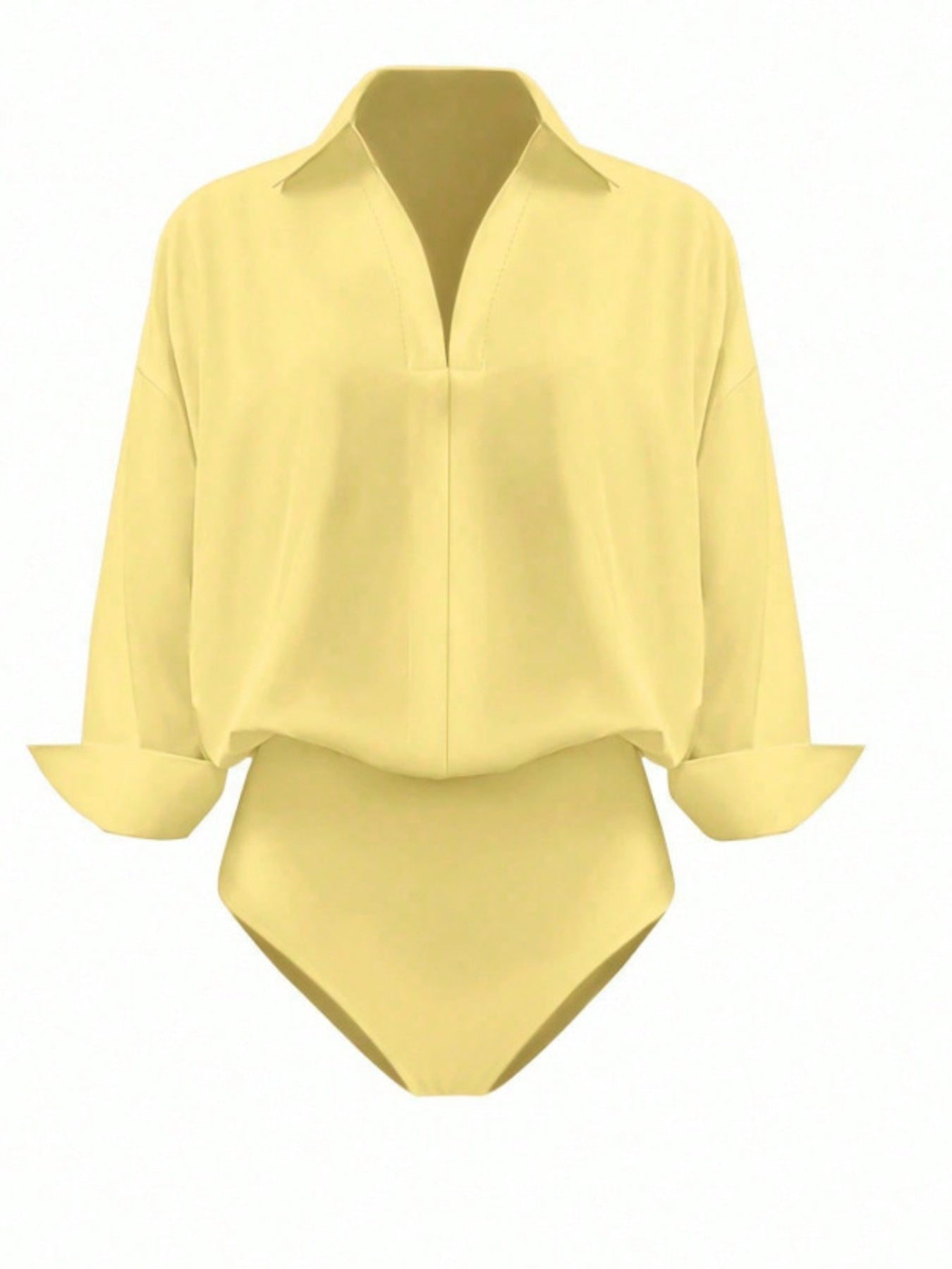 Yellow long sleeve collared bodysuit with button-down front and cuffed sleeves.