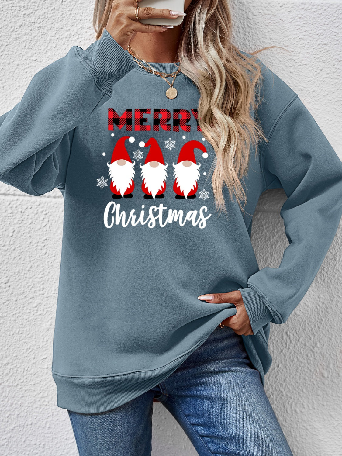 Misty Blue Christmas gnome graphic sweatshirt with plaid Merry text.