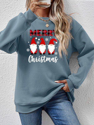 Misty Blue Christmas gnome graphic sweatshirt with plaid Merry text.