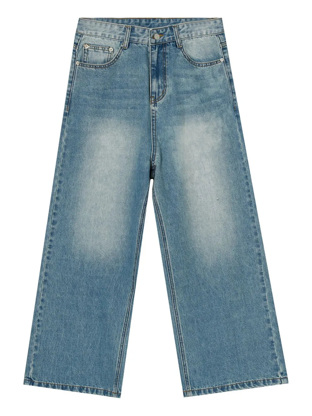 Wide-leg denim jeans in medium wash with front pockets and a relaxed fit.