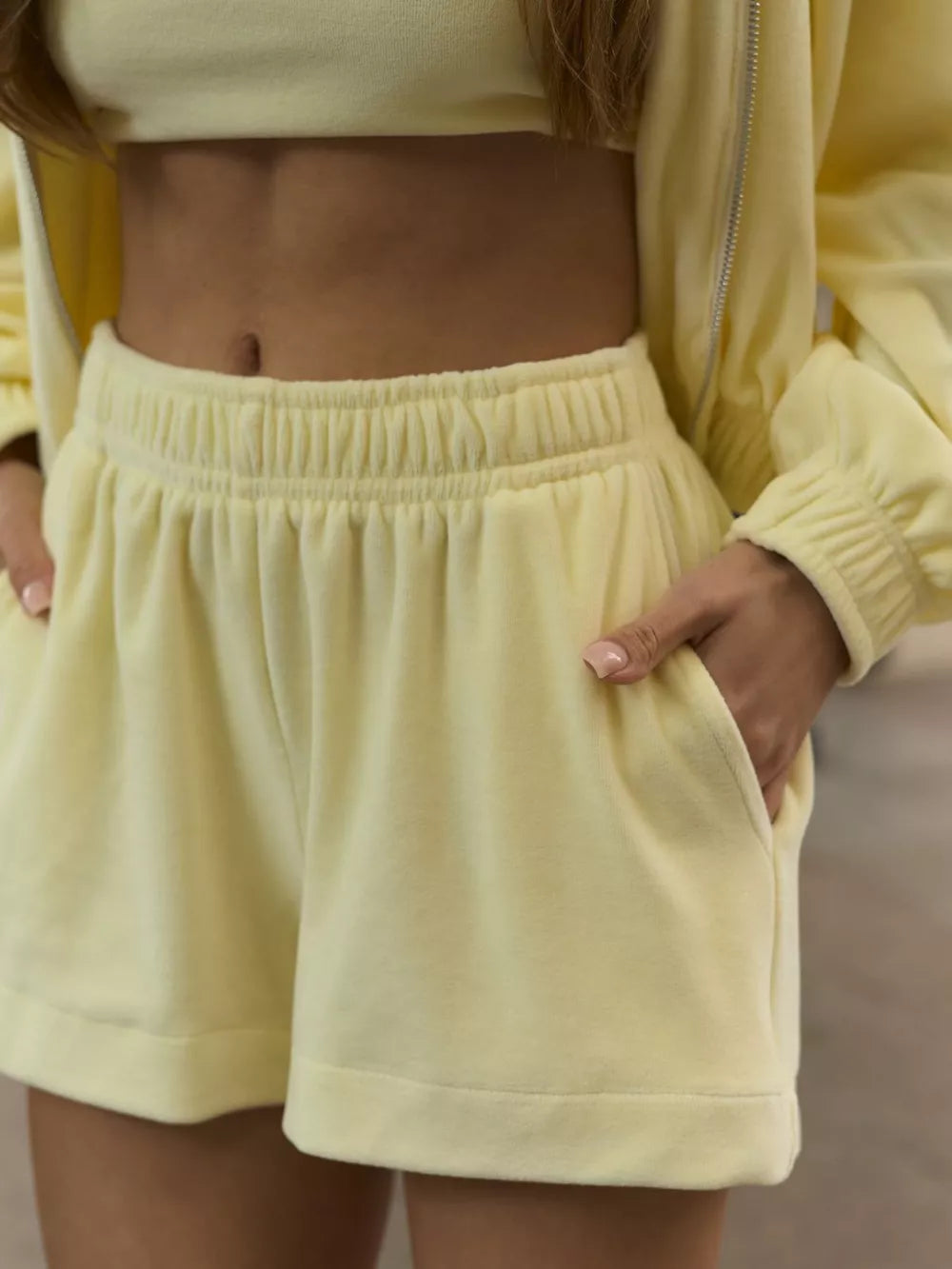 Zip Up Cropped Hoodie And Shorts Set in Pink, back view