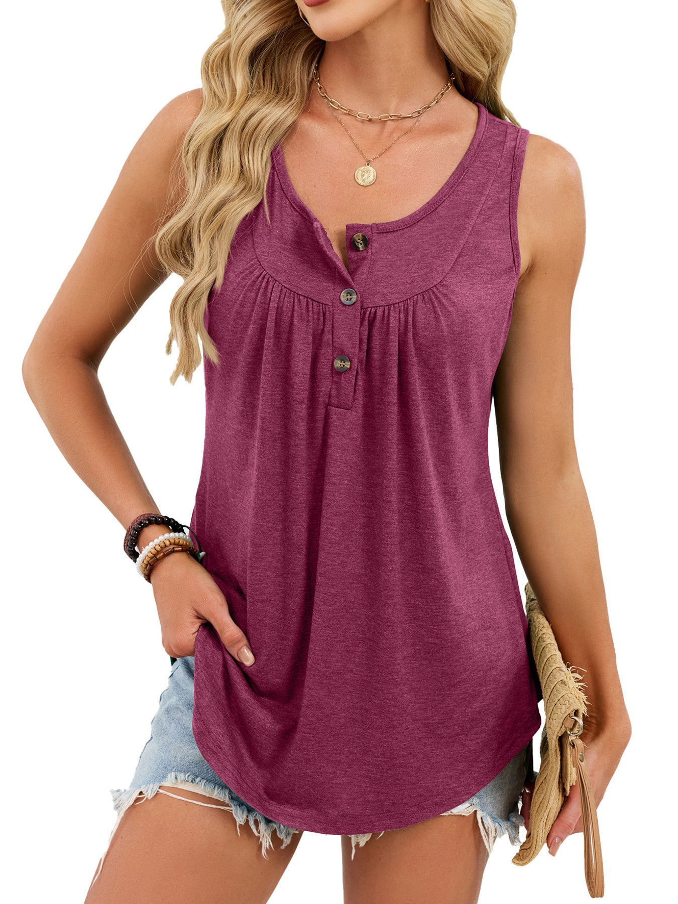 Wine red ruched tank top with button detail and curved hem