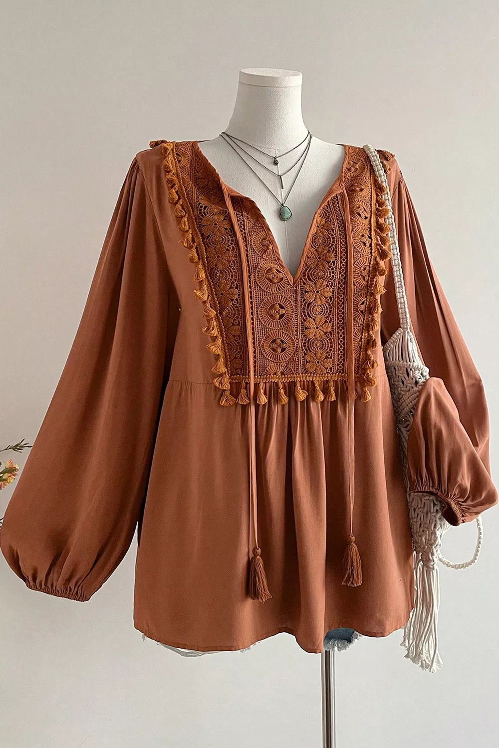 Plus Size V Neck Embroidered Tassel Blouse in Caramel, close-up detail