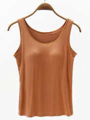 Caramel tank top with built-in support and scoop neckline.
