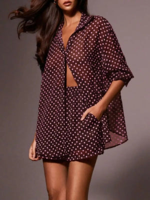 Burgundy polka dot sheer two-piece set with shorts and a collared button-up shirt.
