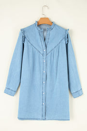 Light blue denim shirt dress with ruffled yoke and button front.