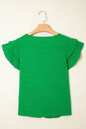 Green textured crew neck blouse with ruffle sleeves