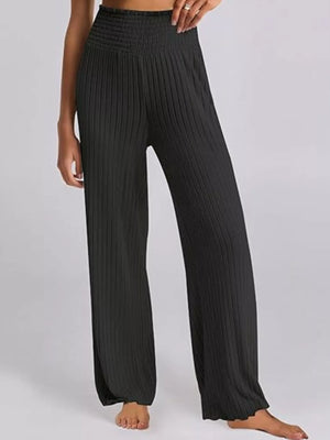 Black ribbed knit wide-leg lounge pants with smocked high waist