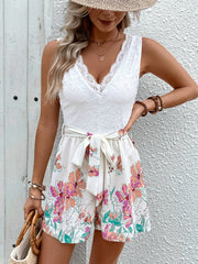 White lace bodice floral print romper with tie waist