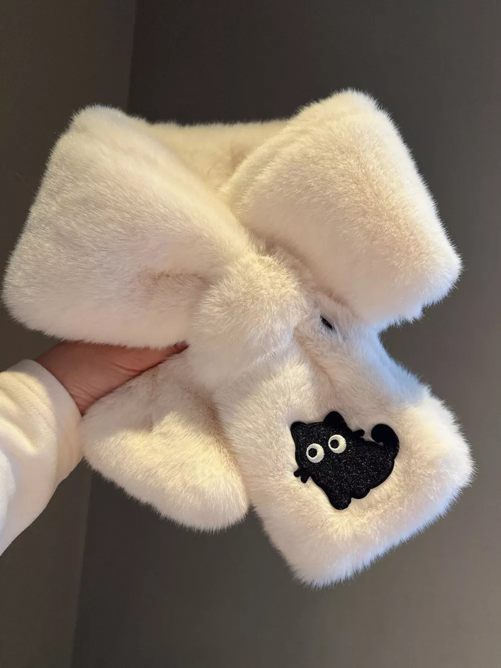 Cozy cream plush scarf with black cat embroidery