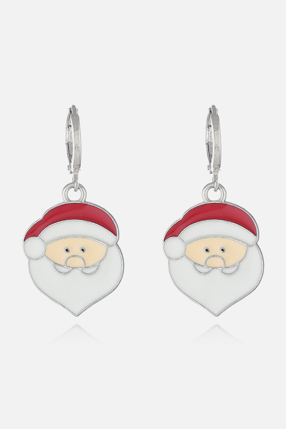 Festive Santa charm hoop earrings in white, red, and cream alloy with silver hoops.