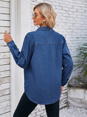 Oversized denim utility shirt in Dusty Blue with button-down front and long sleeves.