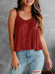 Burgundy sequin-embellished flounce tank top with V-neck and spaghetti straps.