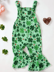 Green baby overalls with clover and heart pattern, featuring flare legs and adjustable straps.
