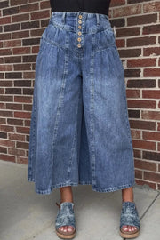 Maternity wide-leg jeans in blue denim with a button-fly and high waist.