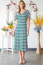Striped jersey maxi dress with V-neck and short sleeves in green and white stripes.