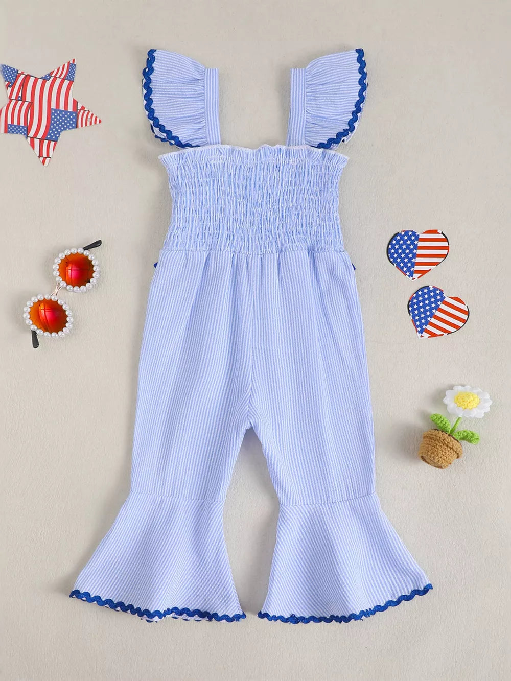 Children's Usa Themed Ruffled Sleeve Smocked Jumpsuit in Blue, fit detail