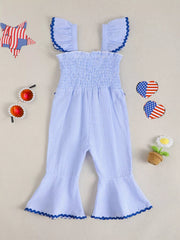 Children's Usa Themed Ruffled Sleeve Smocked Jumpsuit in Blue, fit detail