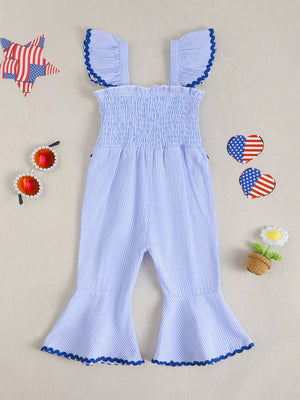 Children's Usa Themed Ruffled Sleeve Smocked Jumpsuit in Blue, fit detail