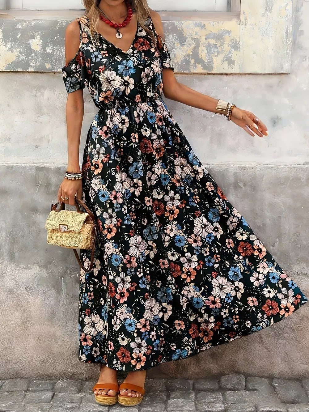Cold Shoulder Floral Print Maxi Dress in Black, front view