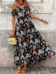 Cold Shoulder Floral Print Maxi Dress in Black, front view