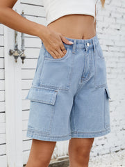 Light blue denim Bermuda cargo shorts with multiple pockets and contrast stitching