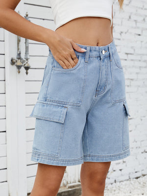 Light blue denim Bermuda cargo shorts with multiple pockets and contrast stitching