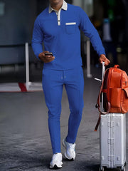 Men's royal blue long sleeve polo lounge set with drawstring pants and chest pocket.