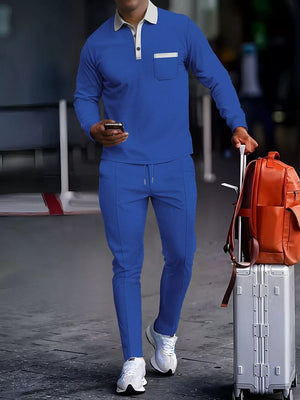 Men's royal blue long sleeve polo lounge set with drawstring pants and chest pocket.