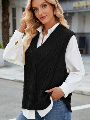 Black cable knit V-neck sweater vest with diamond pattern.