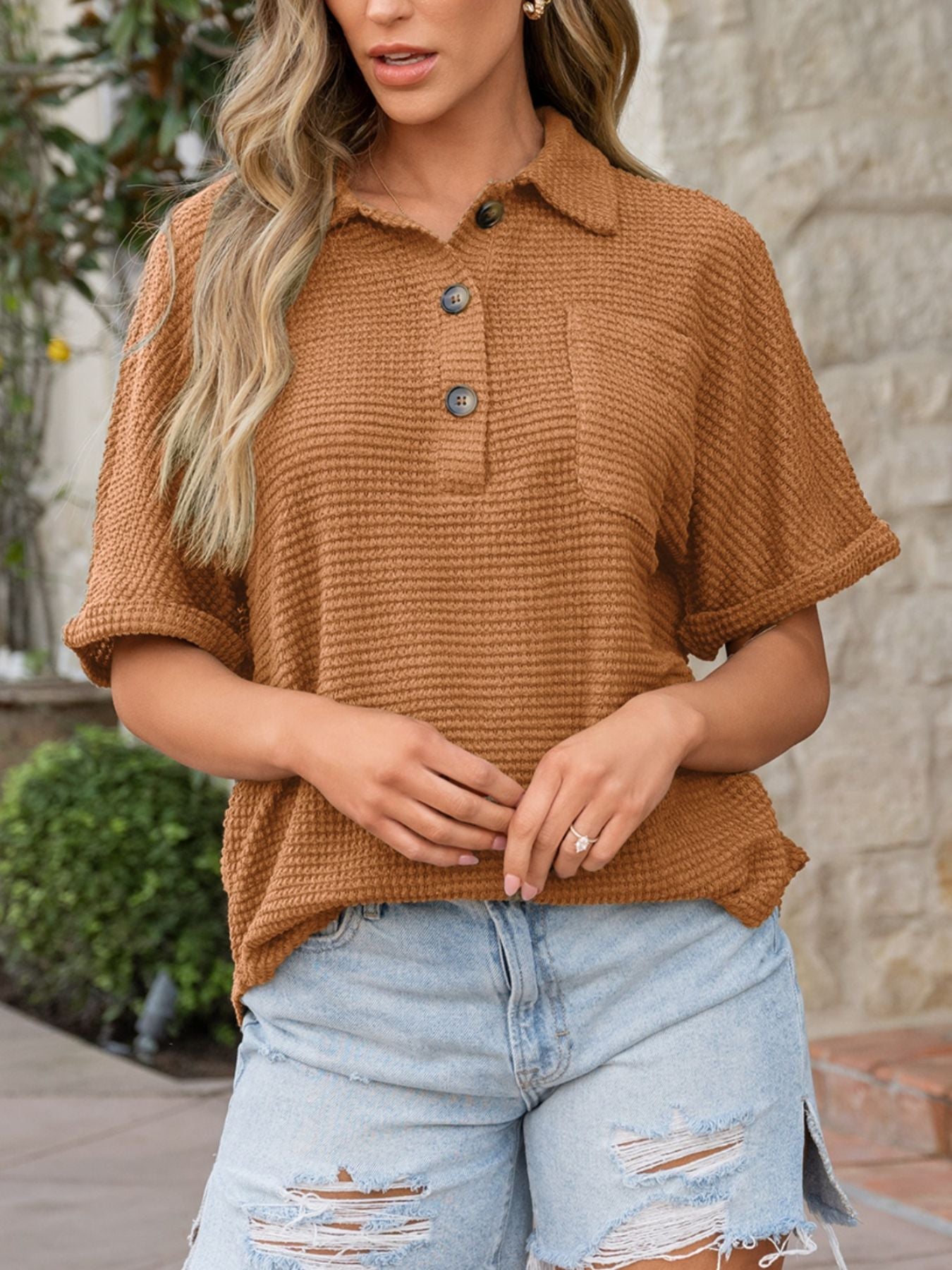 Camel waffle-knit polo shirt with button detail and chest pocket