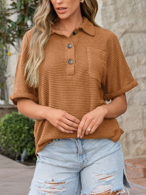 Camel waffle-knit polo shirt with button detail and chest pocket
