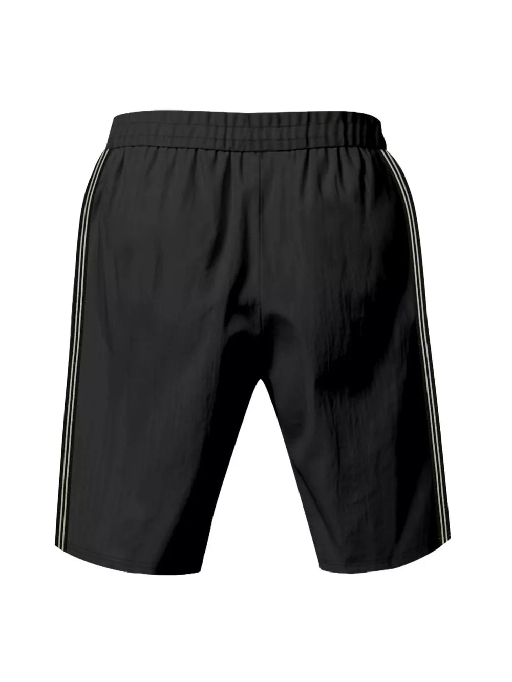 Black men's bermuda shorts with white side stripes and drawstring waist.