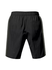Black men's bermuda shorts with white side stripes and drawstring waist.