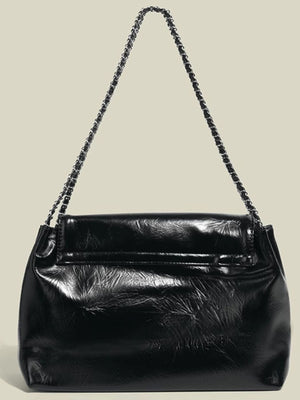 Black crinkled pu leather shoulder bag with chain strap